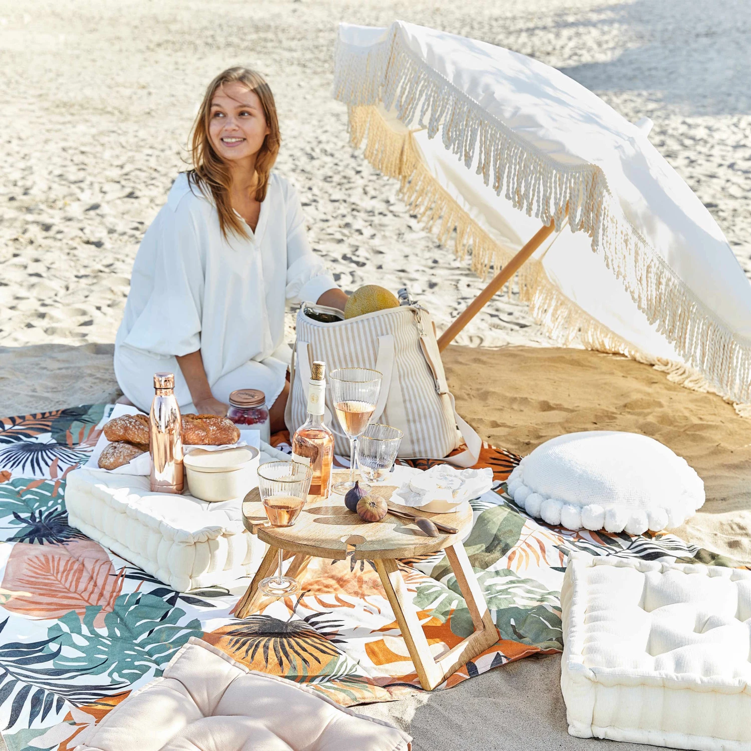 Strandschirm Mit Fransen Ø180cm BOHO LOUNGE In Creme 4 Strandschirm Mit Fransen Ø180cm BOHO LOUNGE In Creme – Bild 2