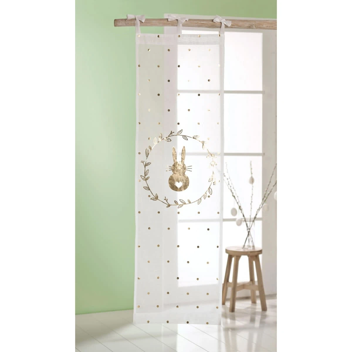 Organdy-Vorhang Hase, Weiß/Goldfarben 4 Organdy-Vorhang Hase, Weiß/Goldfarben – Bild 2